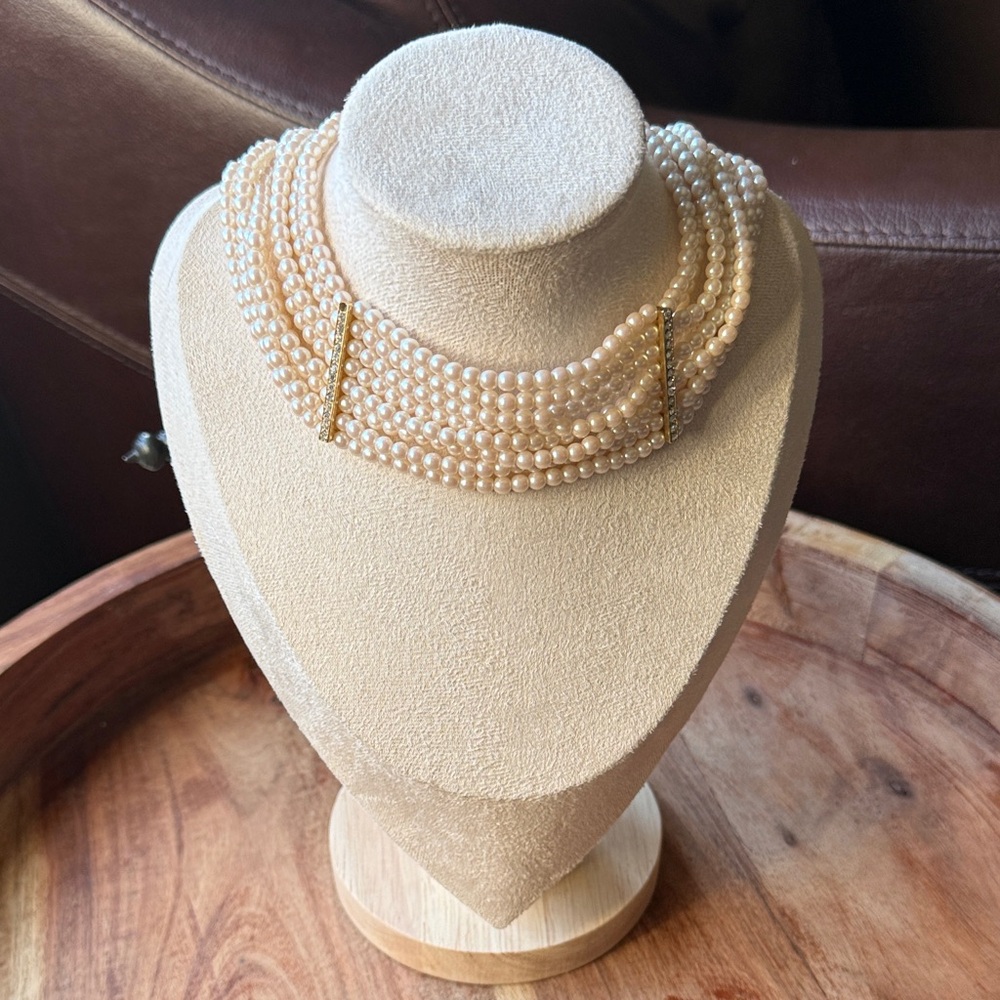 Multi-Strand Cream Pearl Choker Necklace with Gold Bars